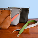 Harper Crossbody Leather Tote in caramel, light gray and black with detachable two-color leather bag straps